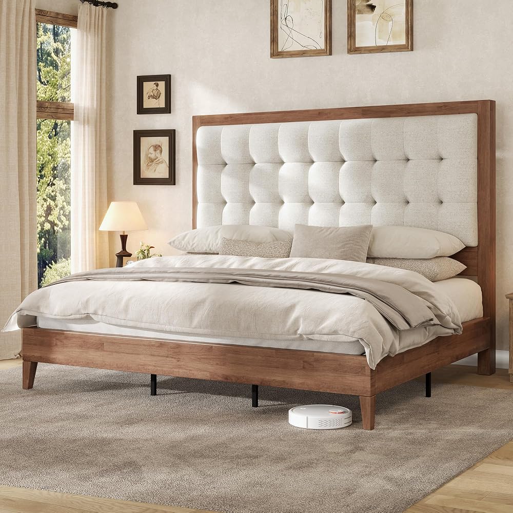 AMERLIFE Solid Wood King Bed Frame 50.2" Upholstered Headboard, Walnut