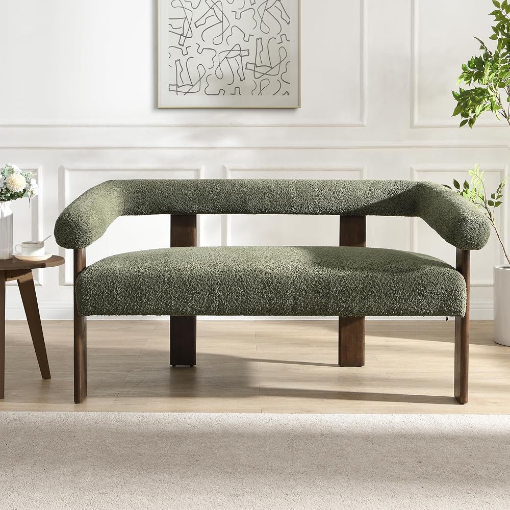 Christopher Knight Home Celen Modern Boucle Fabric Upholstered Loveseat with Round Armrest and Rubberwood Frame, Comfy Living Room 2-Seater Sofa, Space-Saving Couch for Hotel/Apartment, Green+Brown